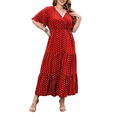 thumbnail image 1 of Robe Décontractée pour Femme Grande Taille à Pois Été à Manches Courtes Col en V Ample à Étages Maxi Robes Rouge TG, 1 of 9