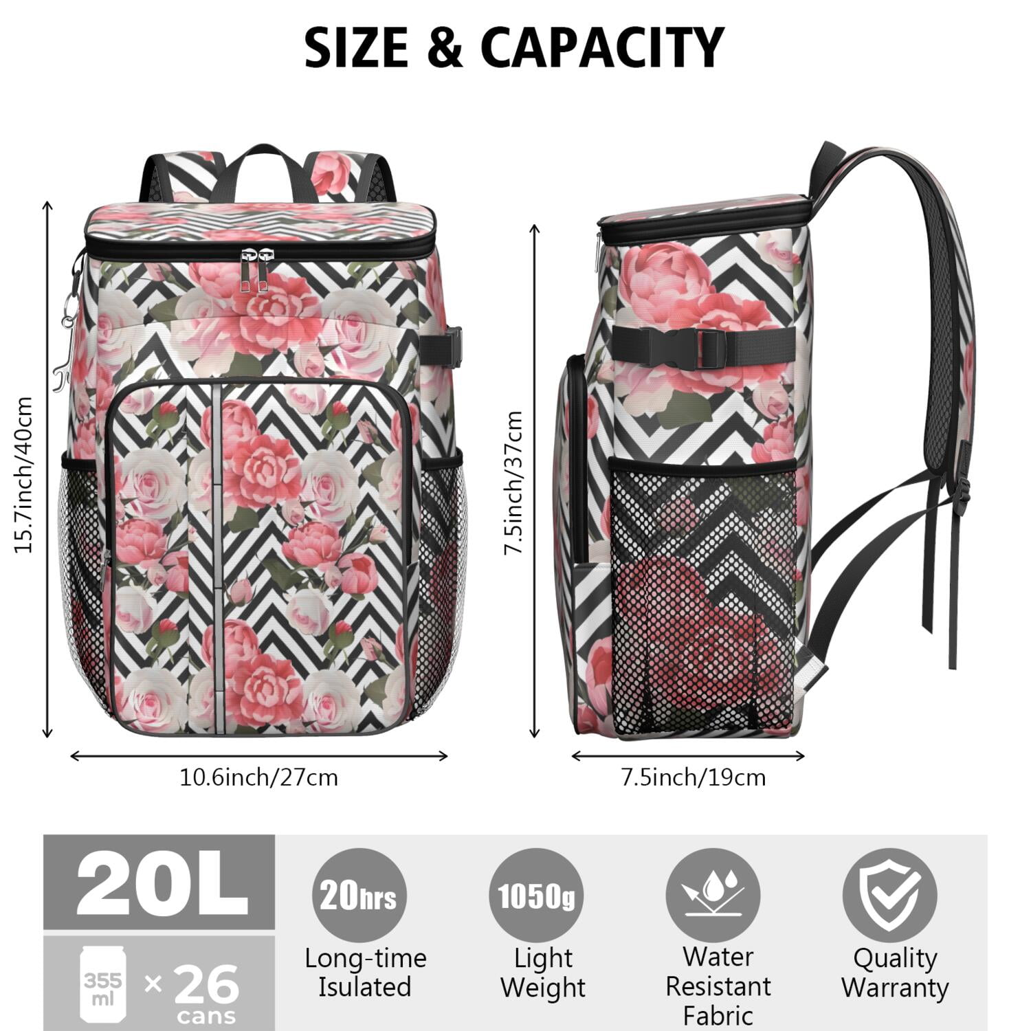 Travel Cooler Bag - Pioneer Flower Floral Print Pattern Camping Beer Cooler Backpack with Bottle Opener- Waterproof Insulated Picnic Backpacks - Cooler Bag for Beach