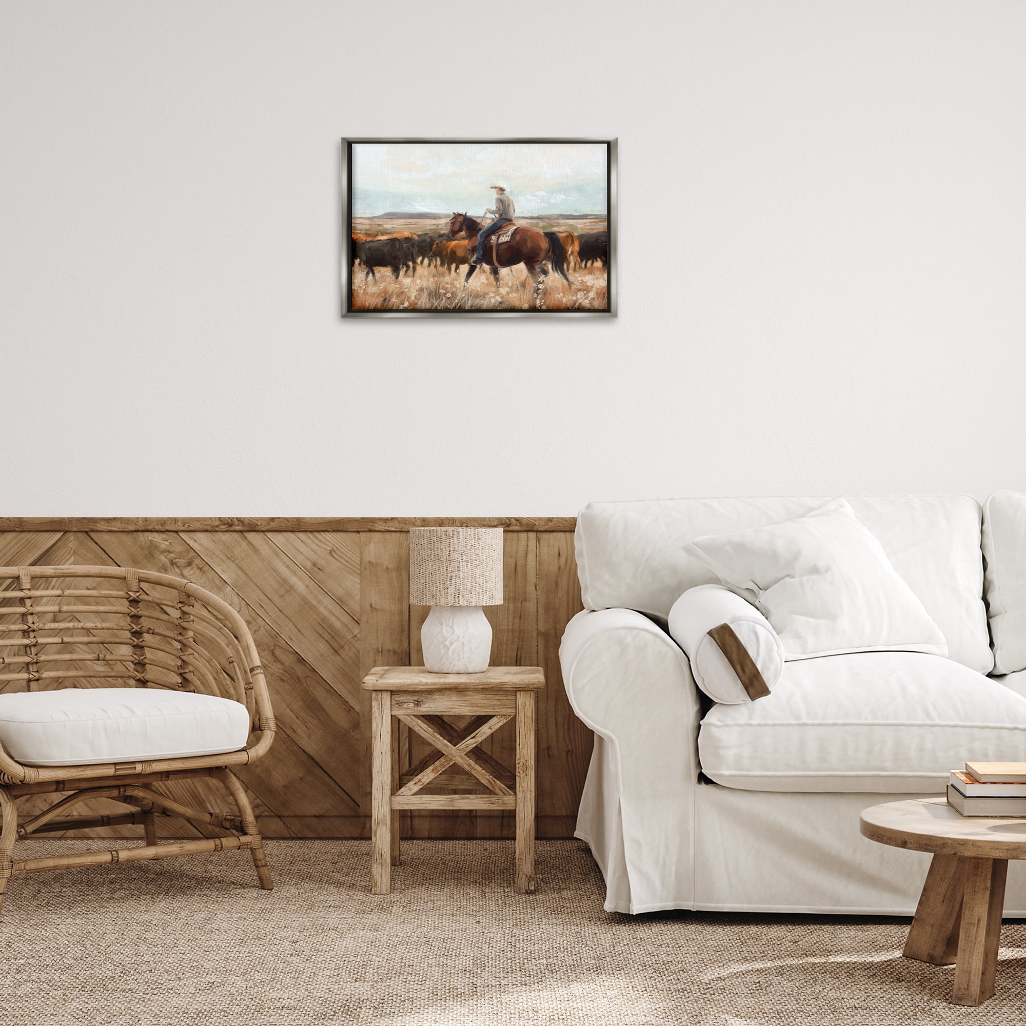 Stupell Industries Cowboy On The Range Landscape & Nature Painting Gray Floater Framed Canvas Art Print Wall Art, 25 x 17