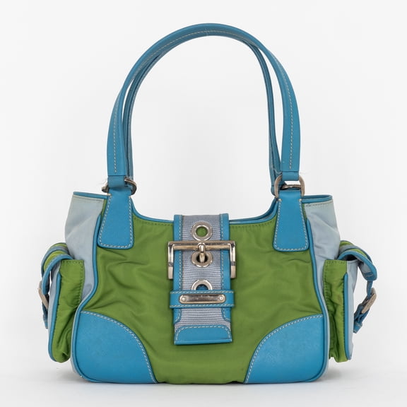 Pre-Owned Prada Green/Blue Two Pockets Tote Shoulder Bag Nylon Canvas