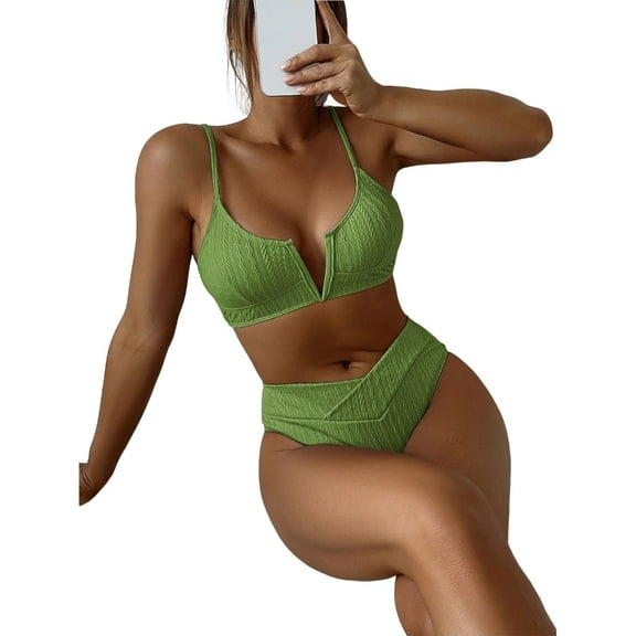 Jesscasday Womens V-Wired Cami Bikini Set Two Piece Solid Color Wireless High Cut Swimsuit Ribbed Bathing Suits