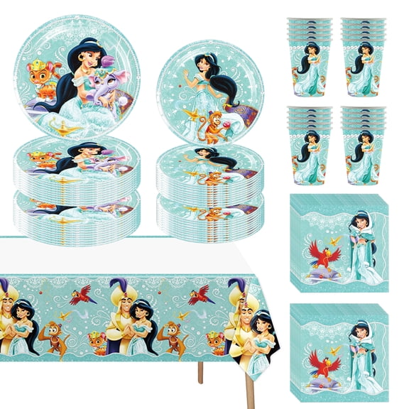 82 PCS Jasmine Tableware Sets, Princess Paper Plates and Napkins Set Includes 40 PCS Paper Plates 20 PCS Napkins 20 PCS Cups 2 PCS Tablecloth for Party Decorations