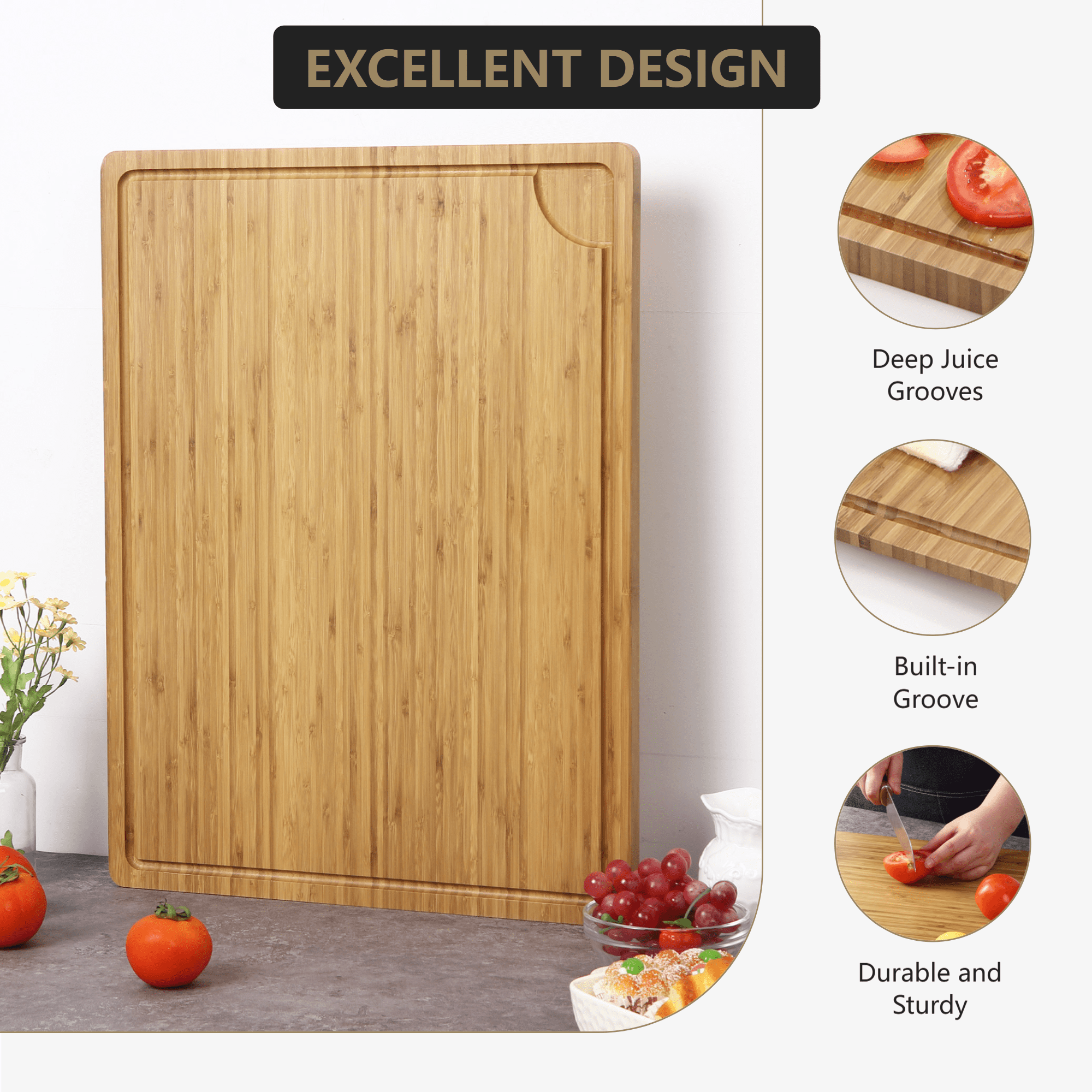 Extra Large Bamboo Cutting Board 24x18 Inch,Pre-Oiled Butcher Block with Juice Groove & Handles, Easy-Clean Kitchen Chopping Board for Meat & Vegetables