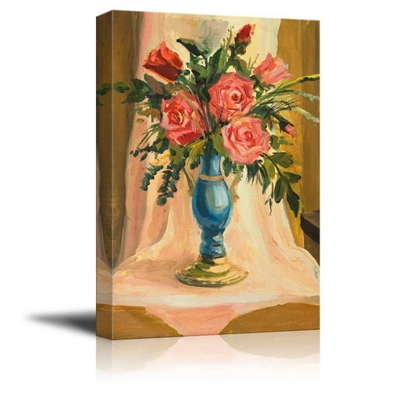 A Vivid Bouquet of Red Roses in a Vase in Oil Painting Style - Canvas Art Wall Decor - 24" x 36"