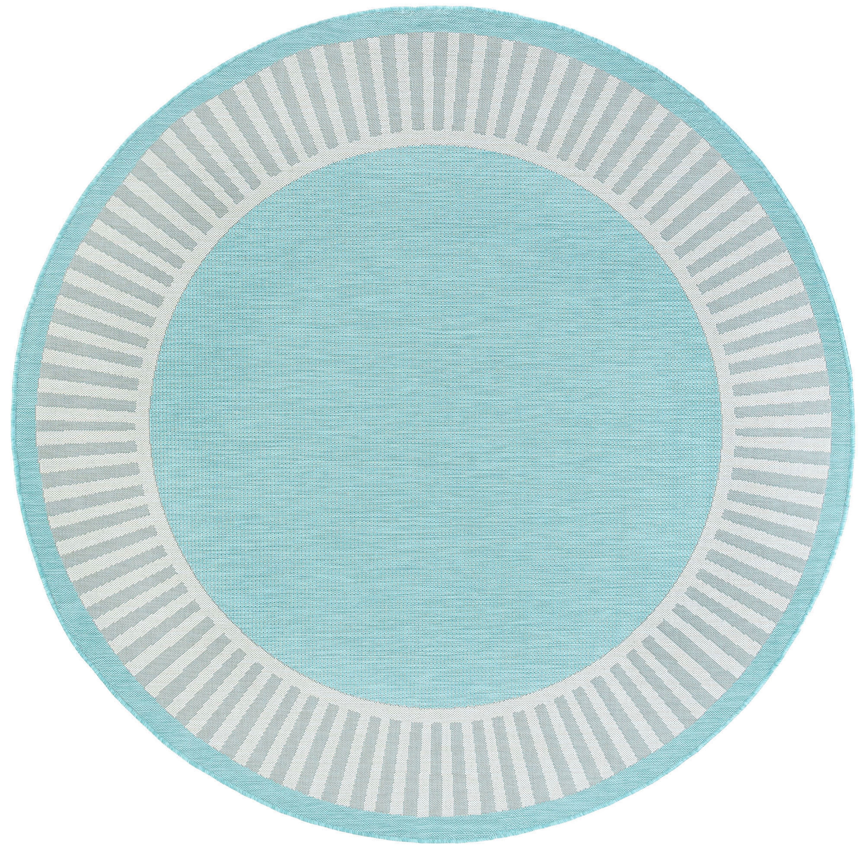 Bliss Rugs Indoor Outdoor Striped Border Round Rug for Living Room, Porch, Deck | Aqua, 5'3''Round