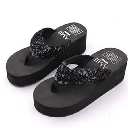 

Sandals Women Women s Sandals Summer New Cool Slippers Women s Large Herringbone Slippers Slope Heel Thick Sequin Slippers Sand Antiskid Clip On Slippers Black