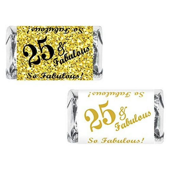 25 & Fabulous Miniatures Candy Bar Wrapper, (Set of 60) Mini Candy Bar Stickers Labels; Birthday Party Favor Décor. Candy Not Included.