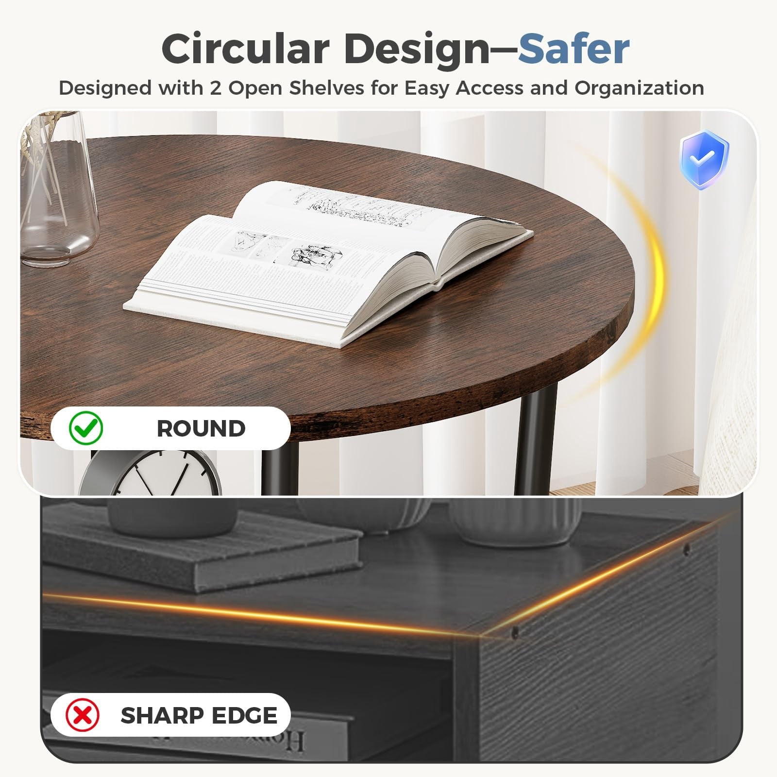 Telyra 2-Tier Round Side Table 21.8" End Table with Antiqued Wood Grain Top and Steel Base, Rust
