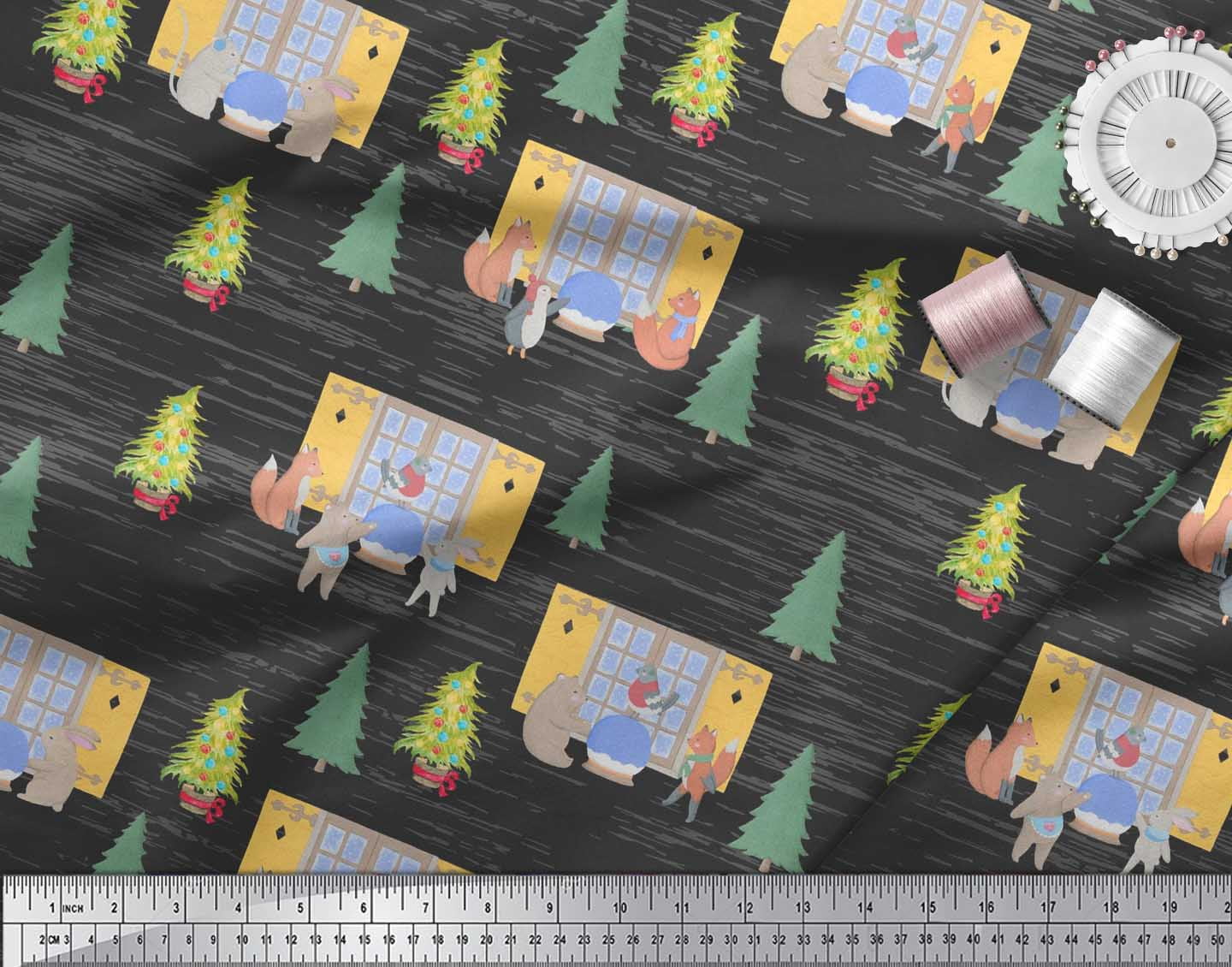 Soimoi Black Velvet Fabric House,Animals & Tree Christmas Decor Fabric Printed Yard 58 Inch Wide