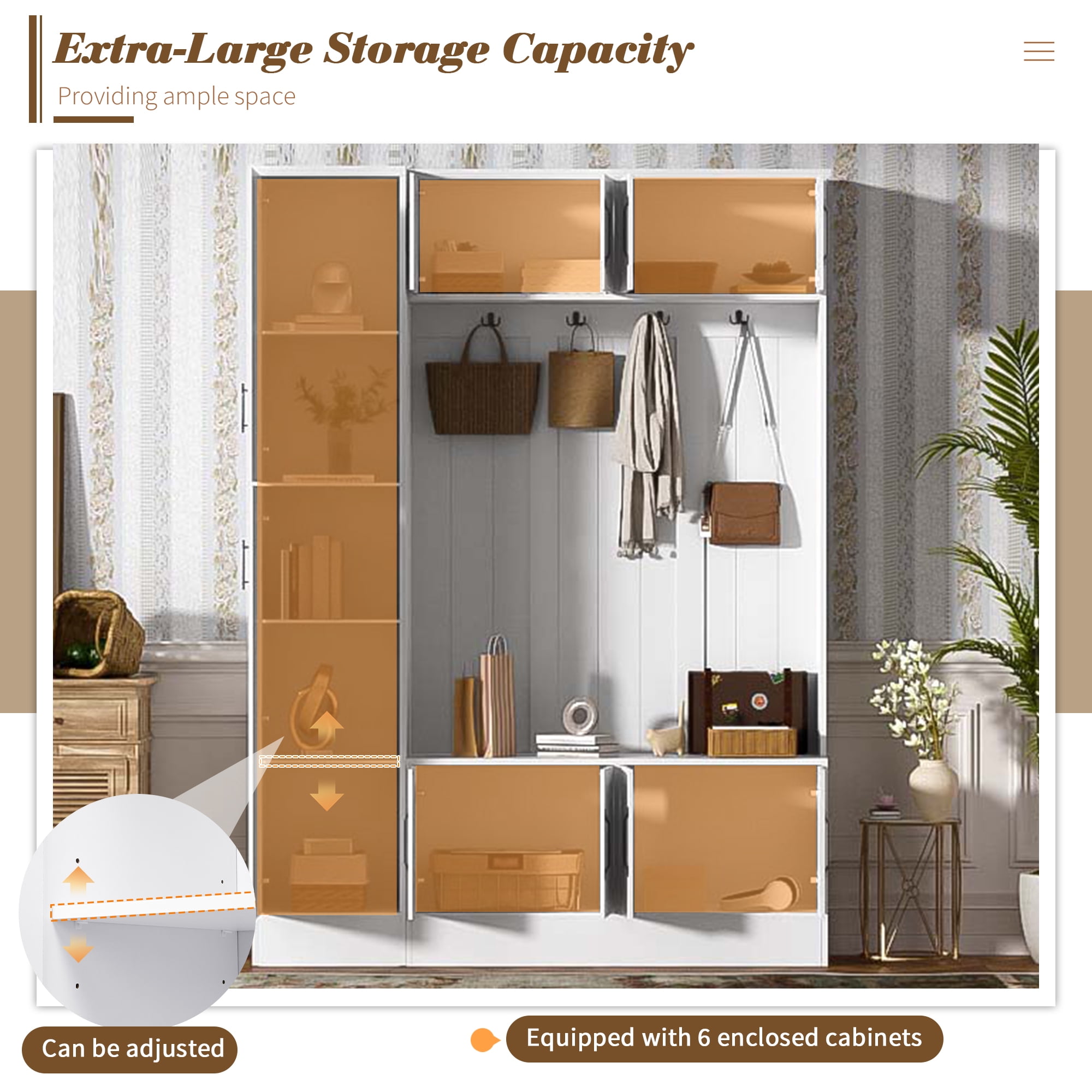 Euroco 79'' Tall Modern Hall Tree with Shoe Storage, 4-in-1 Entryway Bench with 6 Cabinets, 4 Coat Hooks & Adjustable Shelf for Hallway, living room, White