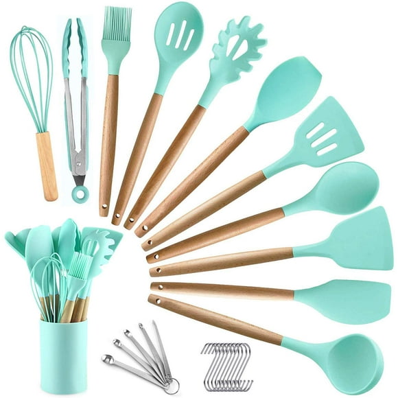 Ensemble de 27 Ustensiles de Cuisine - Ustensiles de Cuisson en Silicone - Ensemble d'Ustensiles de Cuisine en Bois - Ensemble de Spatules en Silicone Ensemble d'Ustensiles - Ensemble d'Ustensiles de Cuisson en Silicone - Outils et Gadgets de Cuisine avec Support