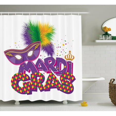 Mardi Gras Shower Curtain Traditional Holiday Theme Colorful Fluffy Mardi Gras Shower Curtain Traditional Holiday Theme Colorful Fluffy Feathers Mask Crown Symbol Fabric