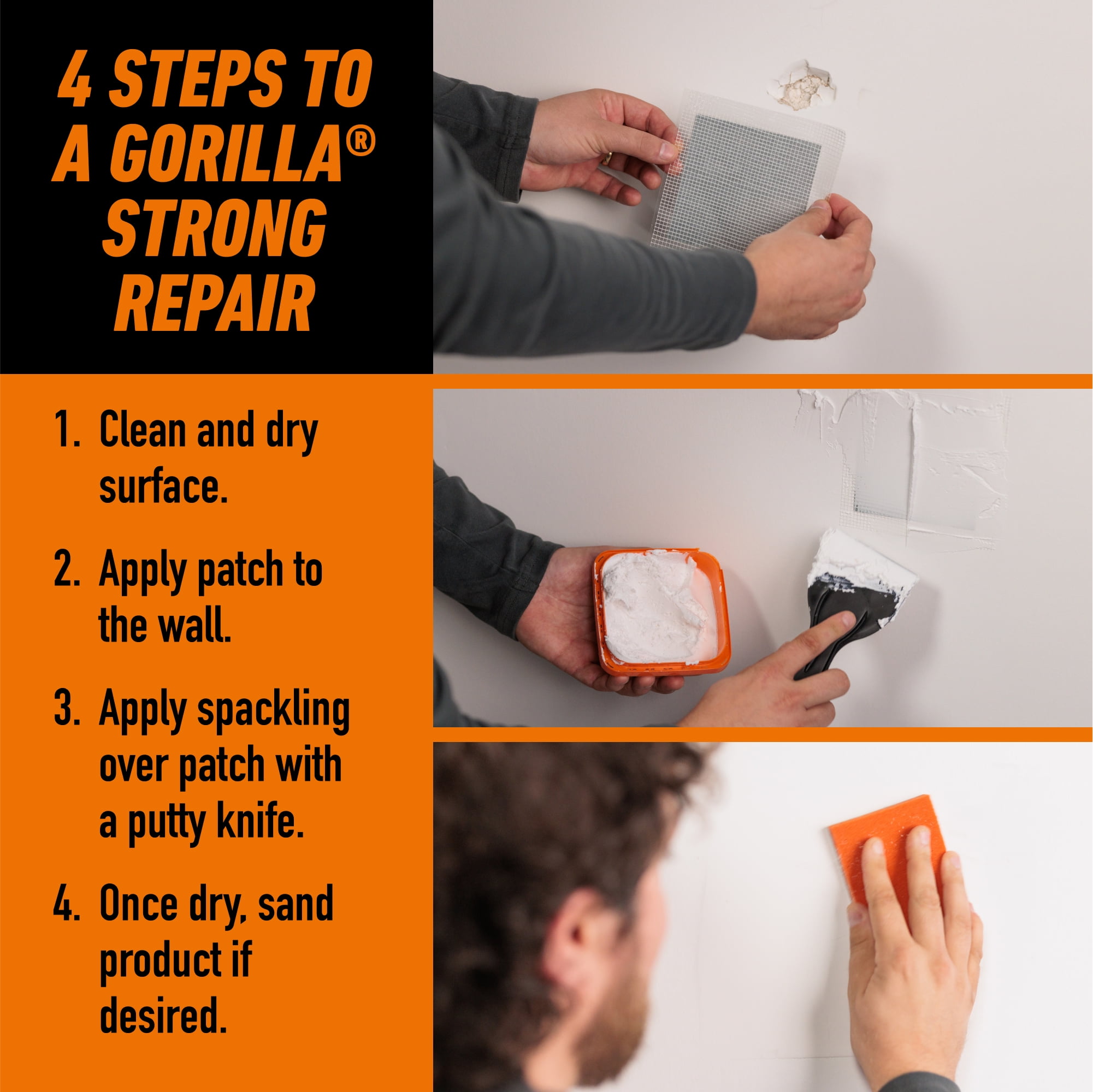 Gorilla Glue Wall Repair Kit. 4oz Spackling & Patch, 3" Putty Knife and 220 Grit Sanding Block Color