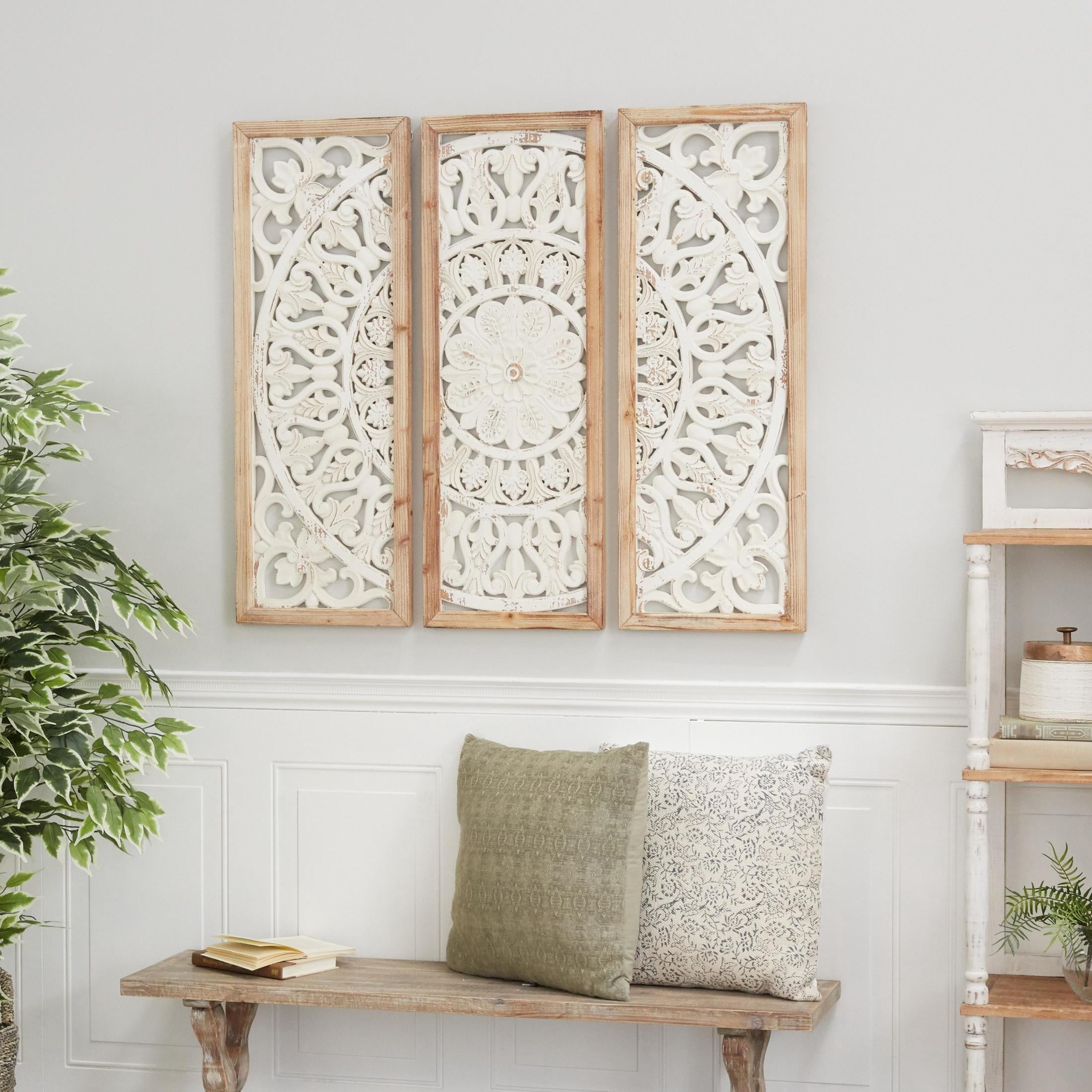 DecMode White Wood Intricately Carved Floral Wall Decor with Mandala Design (3 Count)