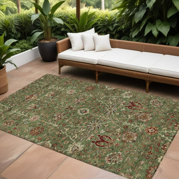 HomeRoots 603418 10 x 14 ft. Fern Green, Brown & Red Floral Washable Indoor & Outdoor Rectangle Area Rug