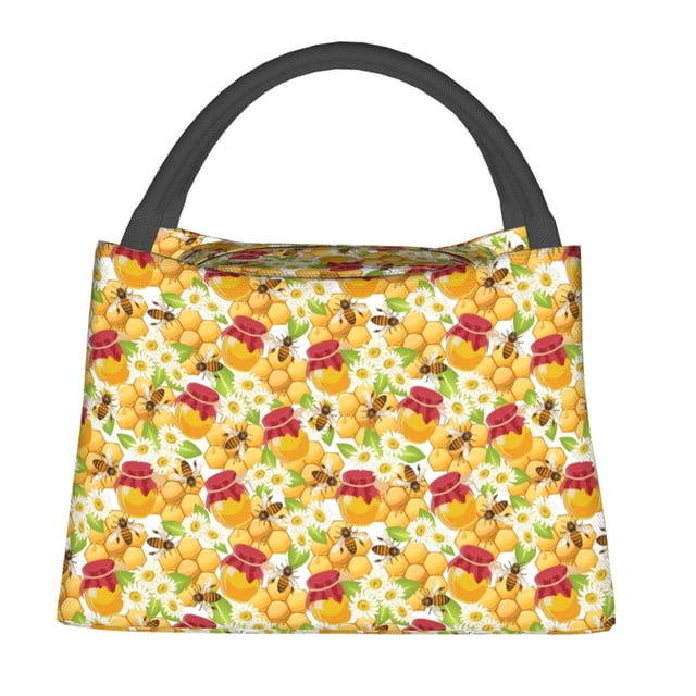 Fotbe Bees Honeycomb Jars Of Honey Flowers Bolsa Térmica Portátil con Estampado, Bolsa de Entrega de Alimentos Aislada, Bolsa Reutilizable de Gran Capacidad para Comidas y Supermercado