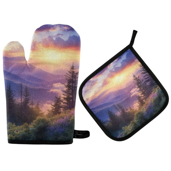 Yayeee Oven Mitts and Pot Holder Set of 2 Heat Resistant Kitchen Gloves Baking Hot Pad, Beautiful Mountain