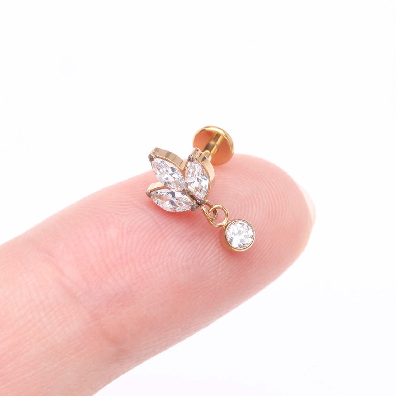 Implant Grade Titanium Golden Marquise Flower Sparkle Dangle Internally Threaded Flat Back Stud Labret