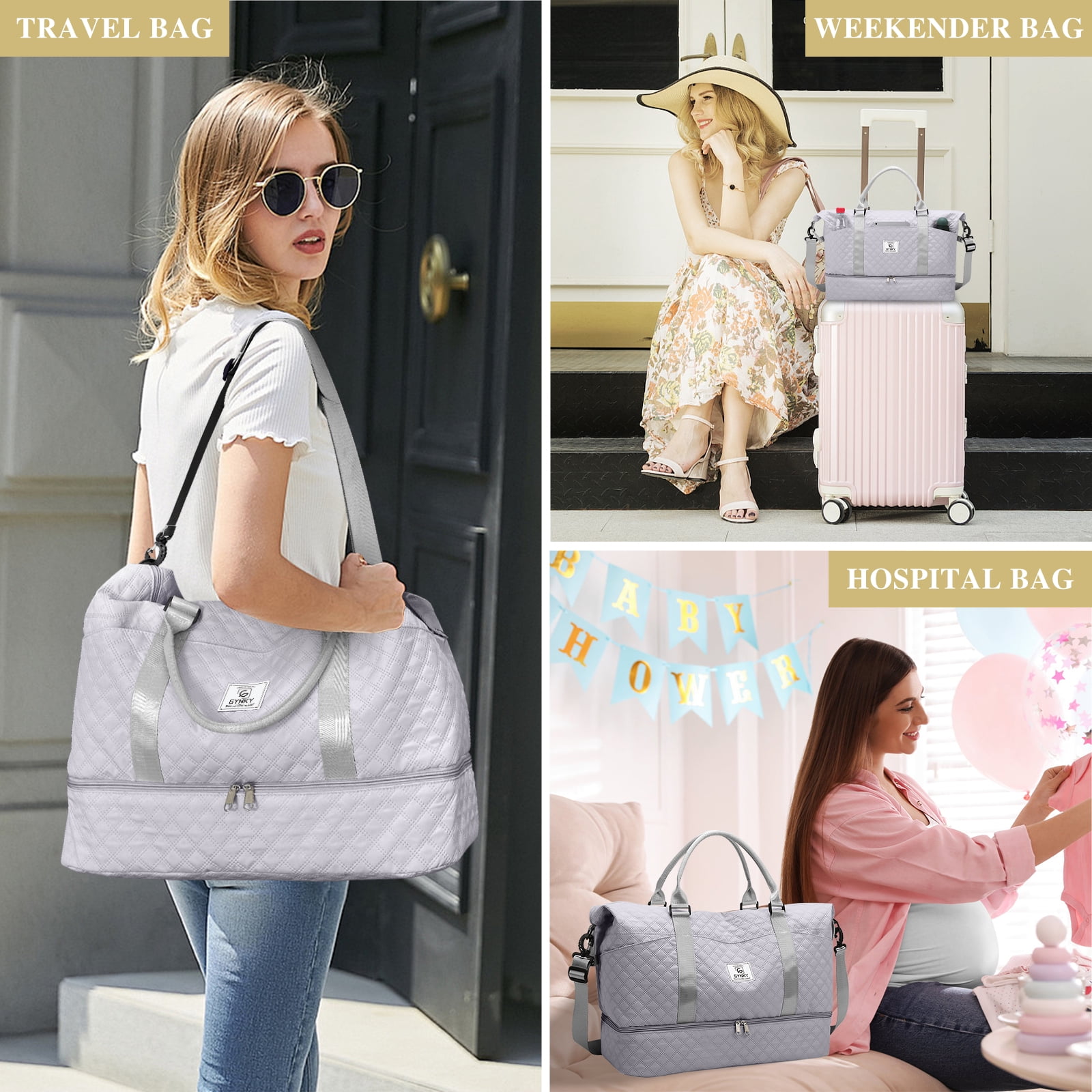 Gynky Travel Duffle Bag Weekender Bags for Women with Shoe Compartment Carry on Overnight Bag Gym Duffel Bag with Wet Pocket Hospital Bags for Labor and Delivery