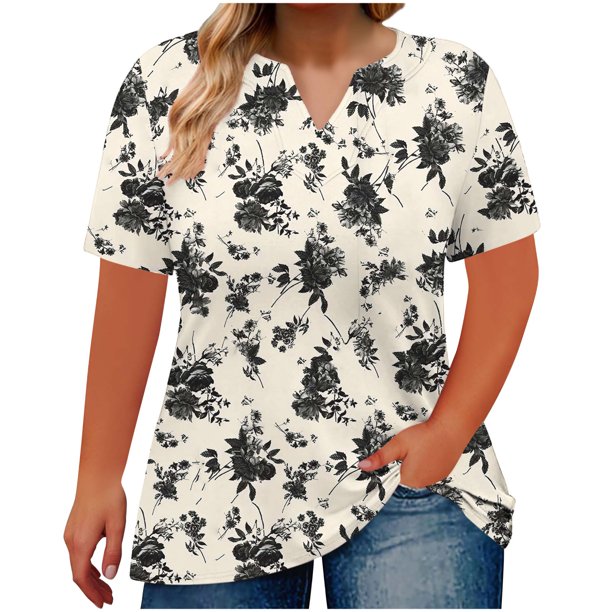 Mujeres Tops Casual V-Cuello Impreso Oversized Mangas Cortas Camiseta Top, Poliéster Verano Primavera