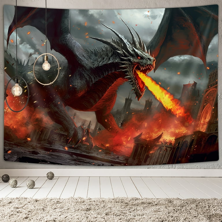 Fantasy Red Dragon Tapestry Medieval World Dragon and Human War Poster Tapestry Wall Hanging for Men Boys Bedroom Magical Tapestries Blanket College
