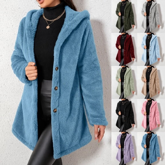 Zedker Hooded Button Down Jacket for Women Long Sleeve Casual Outerwear Regular Length Coat Sky Blue Jackets for Women