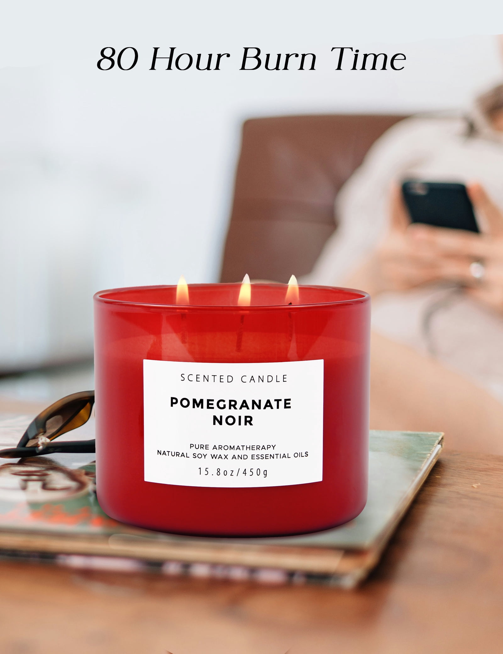 Pomegranate Noir Aromatherapy Candle 3 Wick Large Soy Scented Candles for Men and Women 15.8 Oz