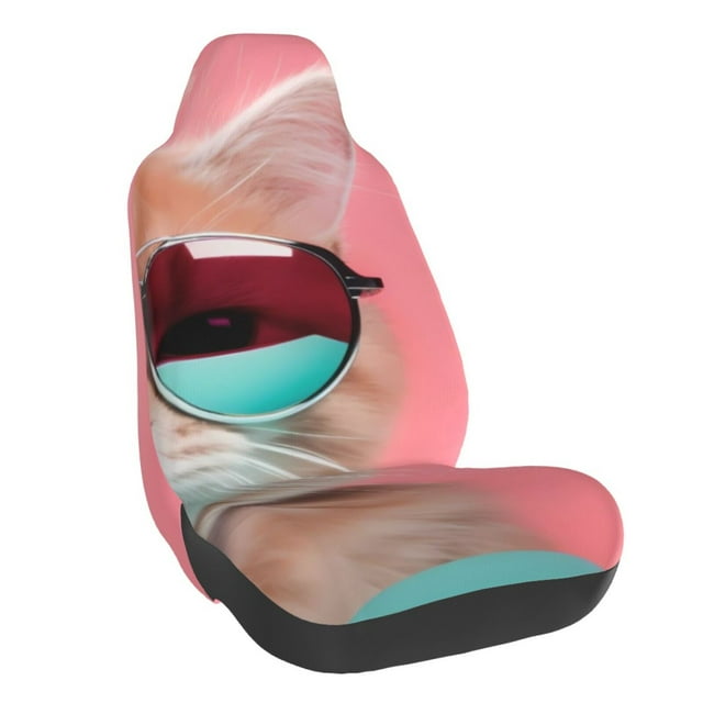 Wukai Cool Cat Pink Sunglasses Full Set Car Seat Covers with Soft Padding Universal Auto Front Seats Protector and Cushion Mat