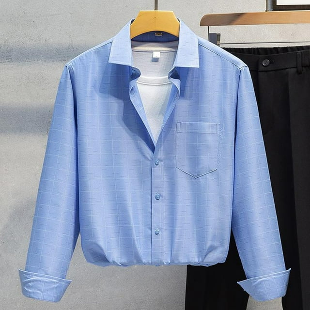 pstuiky camisa de manga larga para hombre, Camisa lisa de manga larga con solapa y bolsillo para hombre, informal, tipo cárdigan, blusa salir tops m