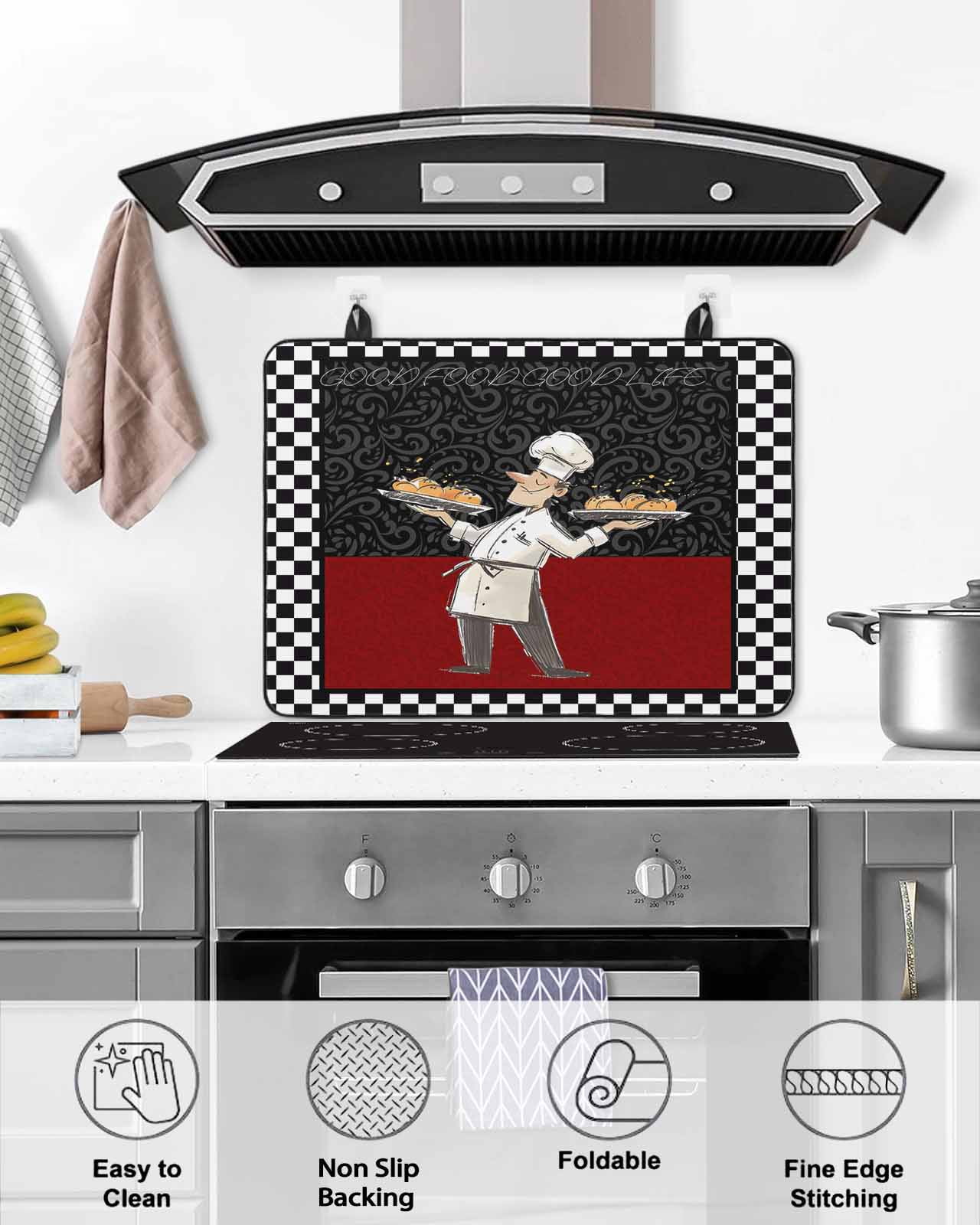Large Induction Cooktop Protector Mat Chef Stove Top Covers for Electric Stove, Cartoon Cute Watercolor Cooking Red Black Decorative Stove Burner Cover Mats, Glass Top Stove Cover