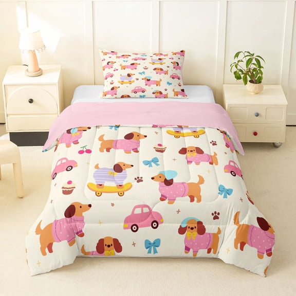 Homewish Kawaii Dachshund Dog Twin Comforter Sets,Cartoon Pet Bedding Set,Car Cherry Bow Decor,Pink Reversible,2-Piece,1 Comforter and 1 Pillowcase