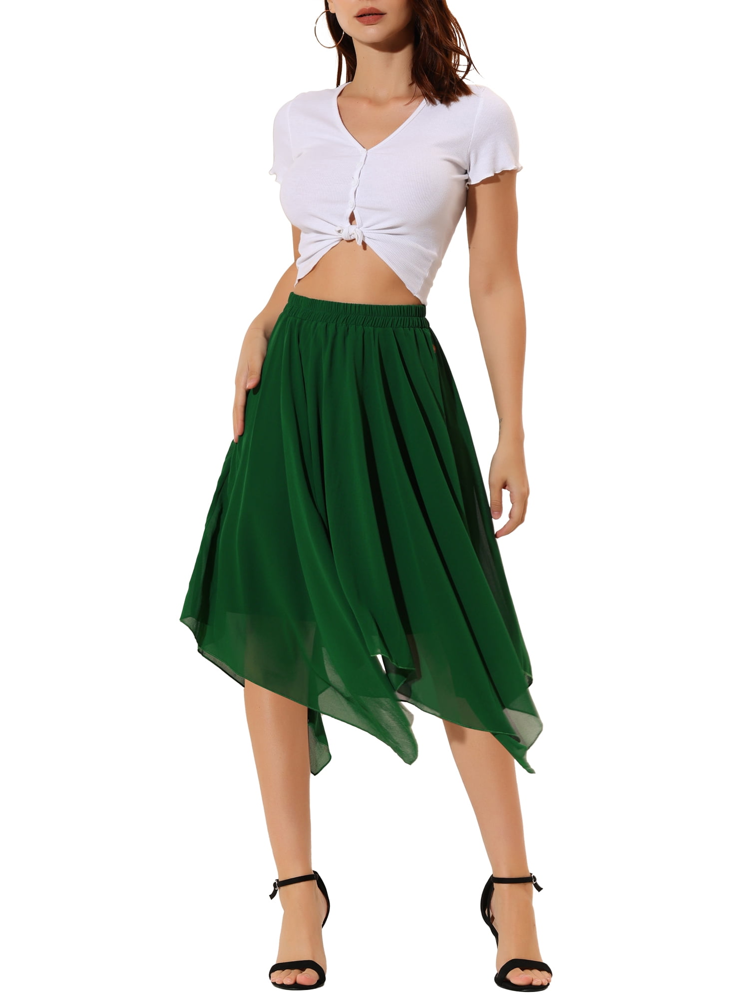 Unique Bargains Women's Elastic Waist Flare Handkerchief Hem Midi Skirt ...
