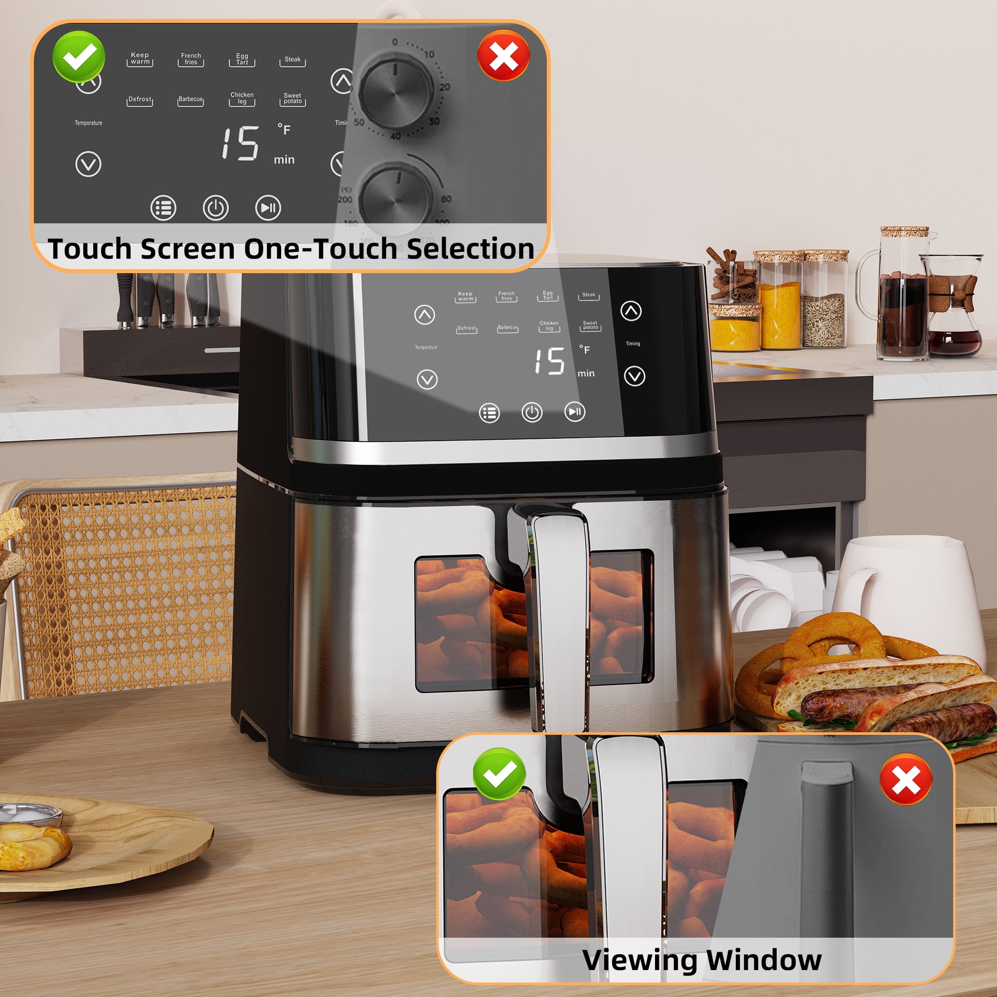 AboveMoon Stainless Steel 8Qt Large Digital Air Fryer with Window for Kitchen Use,Touchscreen Display,400F,Kitchen Appliances,NonStick Basket,Black airfryer