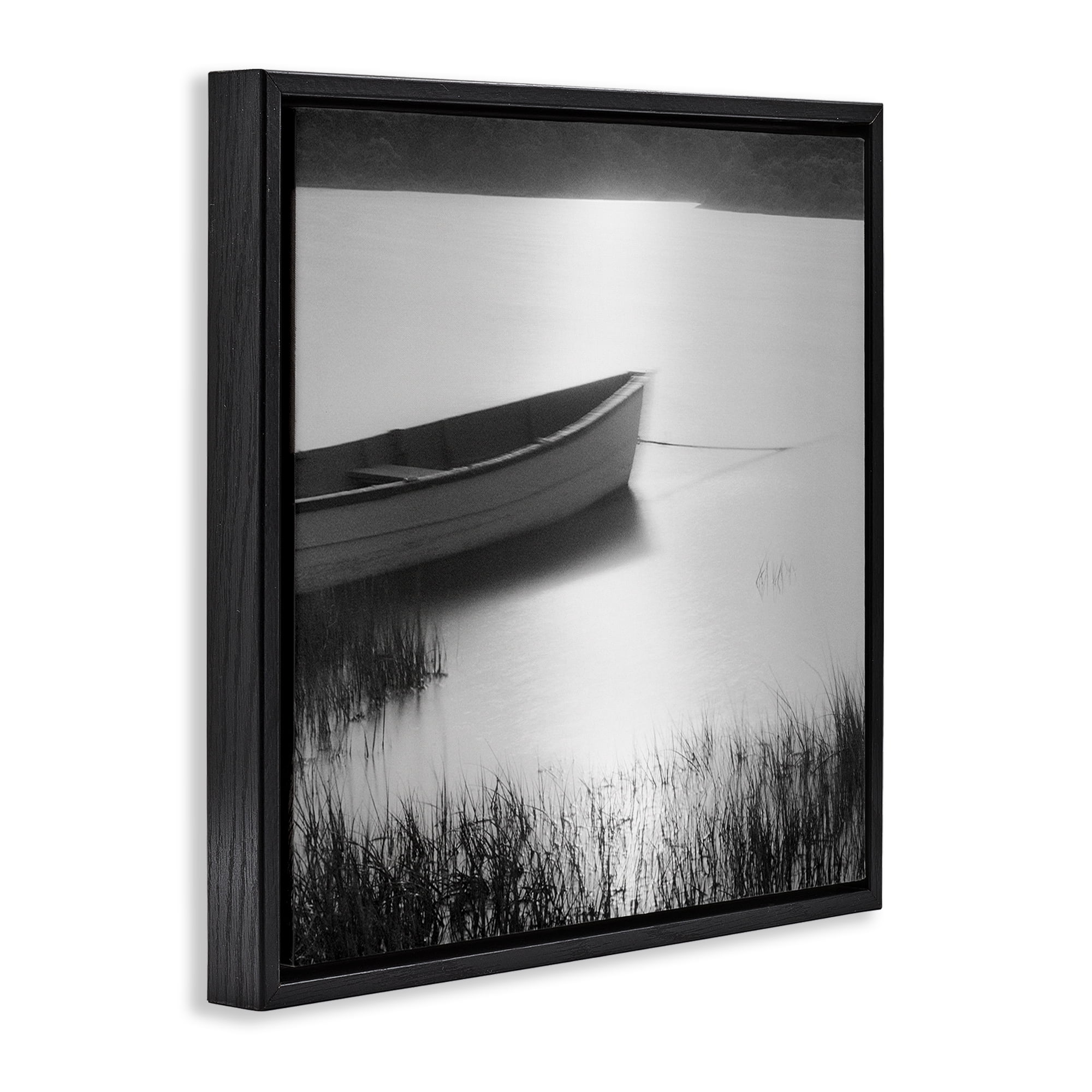 Stupell Industries Rowboat on Peaceful Shore Landscape & Nature Photography Black Floater Framed Canvas Art Print Wall Art, 25 x 25