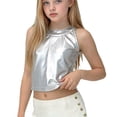 thumbnail image 2 of SGFCWSX Girls Cropped Tank Tops Kids Metallic Halter Neck Sleeveless Party Top Silver Size 9-10Years, 2 of 6
