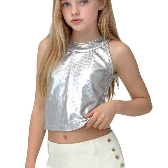 Girls Glitter Crop Top Sleeveless High Neck Metallic Silver Shiny Cami for Dance Party Tween Outfits,Size 9-10T