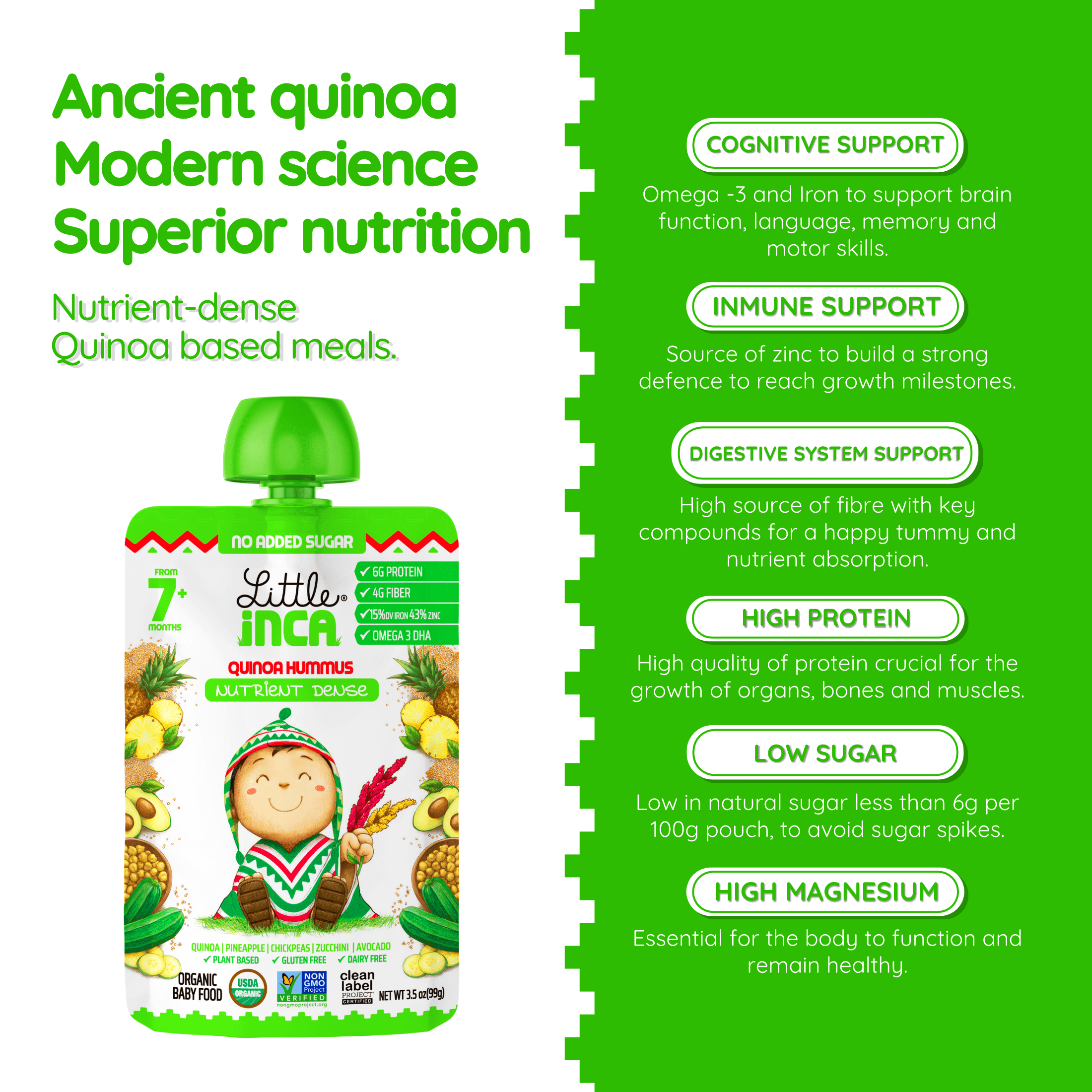 Little Inca Stage 2 Baby Food Pouches, Quinoa Hummus Baby Puree, Plant Based High Protein, Dairy-Free, 6 x 3.5oz
