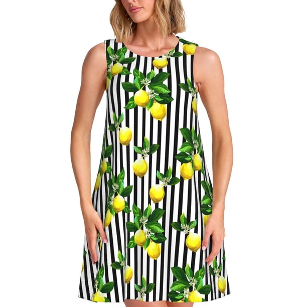 Disketp Lemons on Striped para Vestido sin Mangas para Mujeres, Vestidos de Verano para Mujeres, Casual y Holgado para la Playa