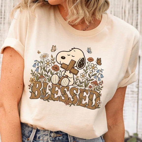 Blessed Puppy Floral Christian T-Shirt - Cute Dog with Cross Faith Tee, Religious Wildflower Shirt, Inspirational Gift for Her