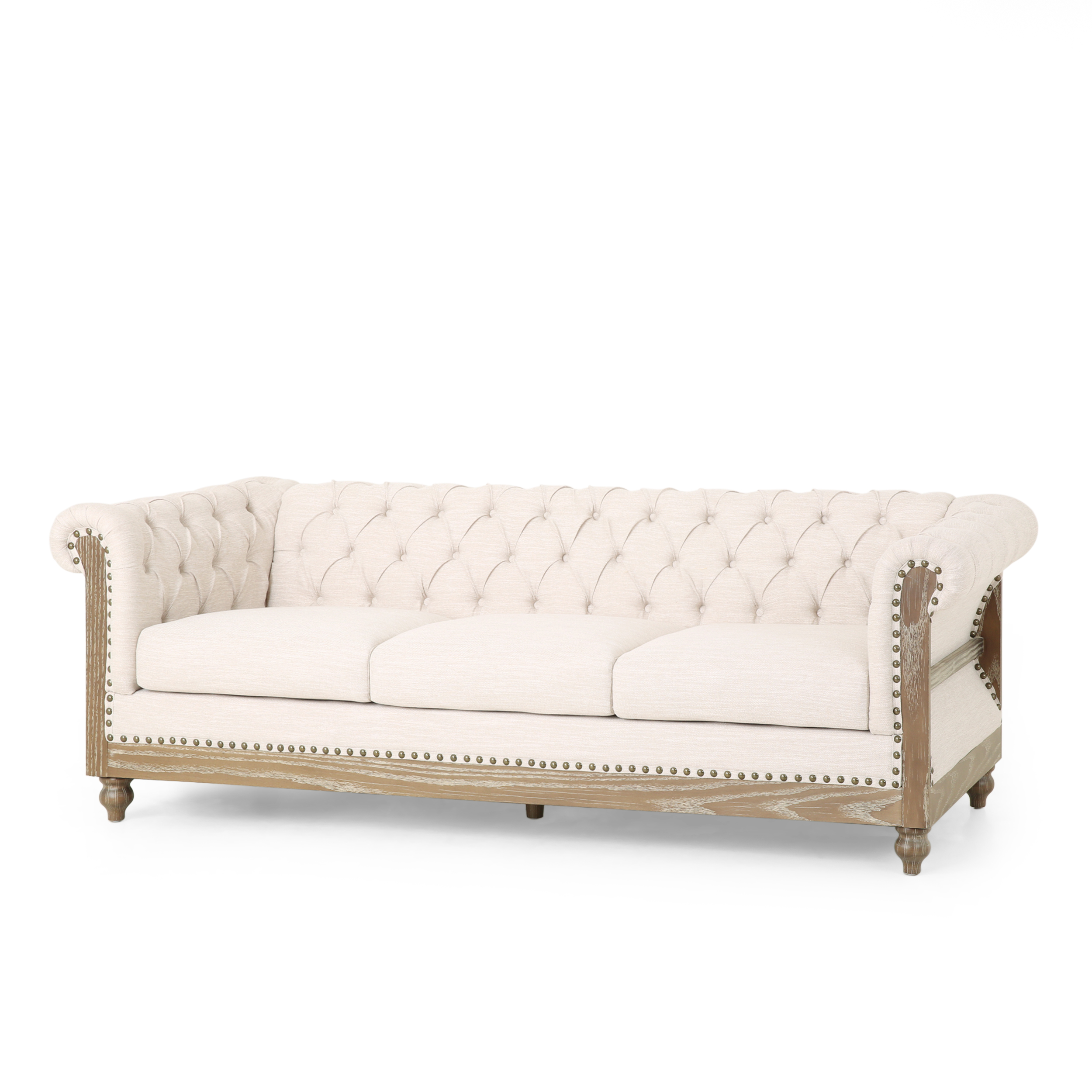 Noble House Doney Fabric Tufted 3 Seater Sofa with Nailhead Trim