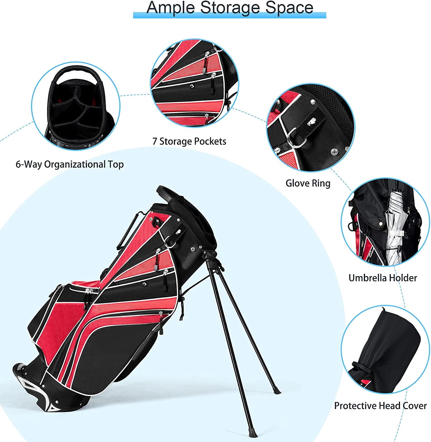 Neatifyes Golf Stand Bag with 6 Way Top Dividers, Lightweight Golf Bag with Adjustable Dual Strap & 8 Pockets, Waterproof Rain Hood, Portable for Men Women