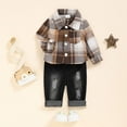 thumbnail image 6 of Baby Flannel Shirt Boy Outfits Boy Clothes Fall Winter Outfits Long Sleeve Plaid Patchwork Button Down Shirt + Casual Jeans Khaki 6-9 Months, 6 of 9