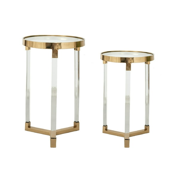 A&B Home Set of 2 Round Side Table with Clear Top and Gold Accent