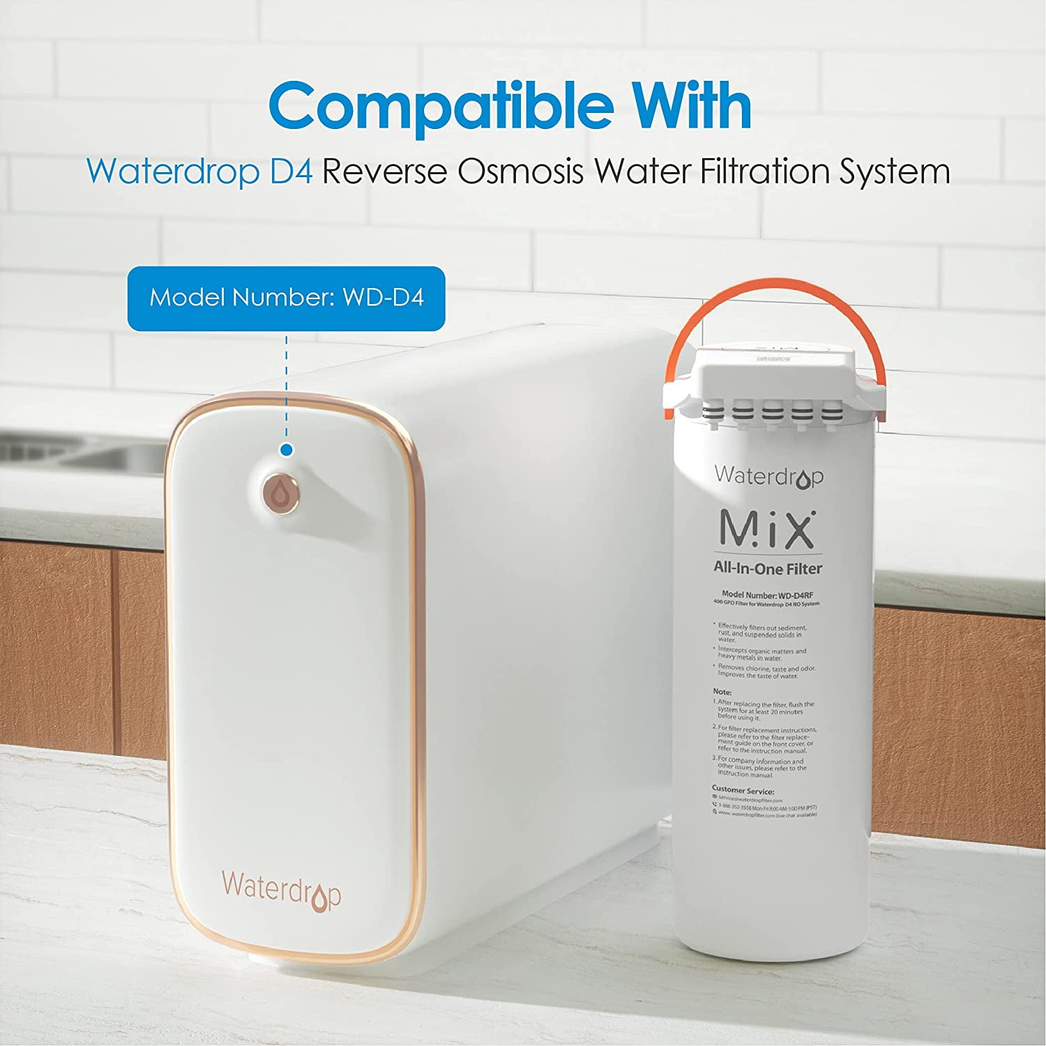 Waterdrop WD-D4RF Filter, Replacement for WD-D4-W Reverse Osmosis System, 1-year Lifetime