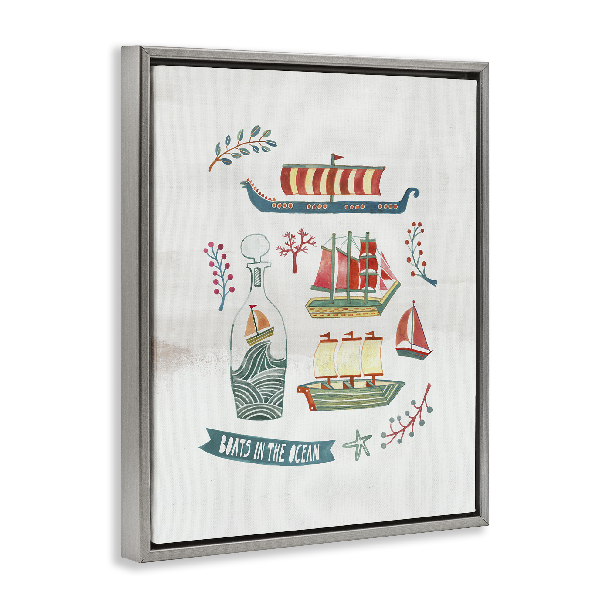 Stupell Industries Nautical Boats & Botanicals Nautical & Beach Painting Gray Floater Framed Canvas Art Print Wall Art, 17 x 21