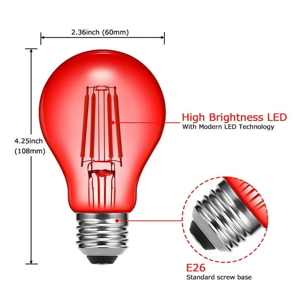 Ampoule LED A19 Rouge, 4W Ampoules Colorées à Filament, Équivalent 40W,  Ampoule Edison Culot E26, 400lm, pour Chambre, Lumière d'Ambiance, Fête Fête  Halloween Décoration, Paquet de 6 