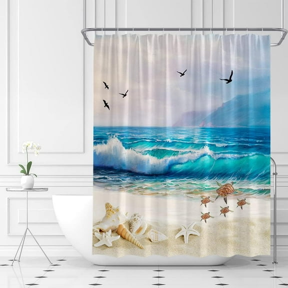 Beach Shower Curtain Ocean Coastal Seashell Starfish Tropical Sea Waves Seashell Conch Hawaiian Seaside Scene Fabric Bathroom Curtains Decor Set with Hook(84" Wx72 H)