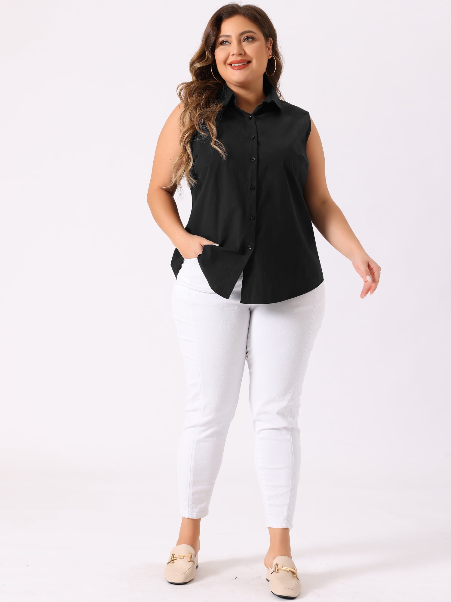 DARING DIVA Women's Plus Sleeveless Button Down Fashion Tank Top 2X Dark Black