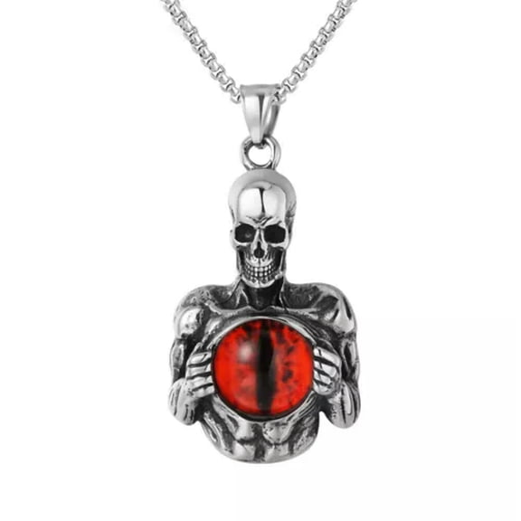 GKNET Cool Mens Gothic Skeleton Skull Evil Eye Necklace Pendant Stainless Steel-Red