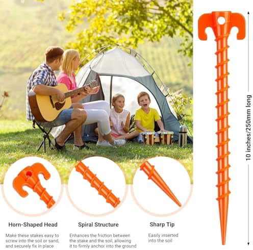 15 Pack Plastic Spiral Tent Stakes - 10 Inch Heavy Duty Screw-in Sand Anchors Pegs - Windproof Plastic Ground Anchor Stakes for Secure Tents, Inflatables, Canopies, Tarps, Garden Structures